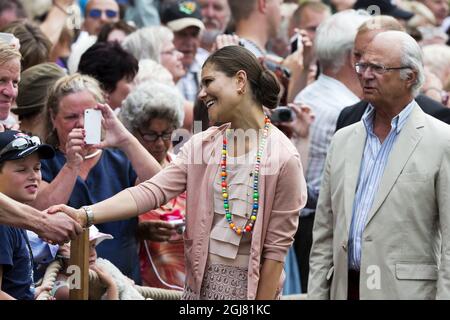 BORGHOLM 20130714 Swedish Crown Princess Victoria greets visitors at the courtyard of the royal family's summer residence Solliden, on the island of Oeland, Sweden, on July 14, 2012, during the celebrations of Crown Princess Victorias 36th birthday. Photo: Stefan Jerrevang / SCANPIX / code 60160  Stock Photo