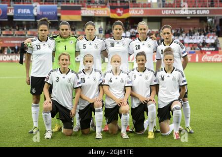 German players pose for a team picture prior to the UEFA Women's EURO 2013 group B soccer match between Iceland and Germany in Vaxjo, Sweden, on July 14, 2013. Back row left-right: Celia Okoyino Da Mbabi, goalkeeper Nadine Angerer, Annike Krahn, Dzsenifer Marozsan, Lena Goessling and Nadine Kessler. Front row left-right: Saskia Bartusiak, Jennifer Cramer, Leonie Maier, Lena Lotzen och Melanie Leupolz. Photo: Mikael Fritzon / SCANPIX / code 62360  Stock Photo