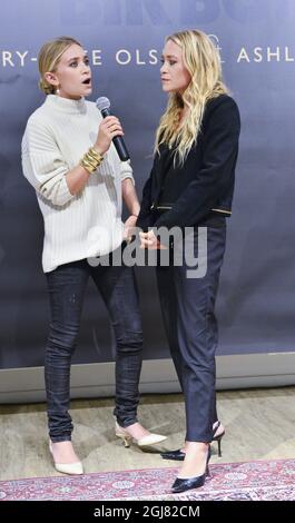 STOCKHOLM 20130808 The American actresses and entrepreneurs Olsen twins are in Stockholm to promote their cooperation with clothing brand Bik Bok. To the left Mary-Kate Olsen and to the right Ashley Olsen. Foto: Henrik Montgomery / SCANPIX / kod: 10060  Stock Photo