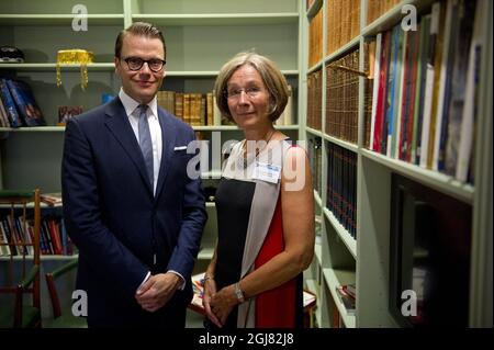 MOSKVA 2013-08-14 Prince Daniel is seen with Ambassador Veronica Bard BringÃ©us during a reception for the Swedish athletes at the Swedish Embassy in Moscow, Russia, August 14, 2013. Foto: Erik Martensson / SCANPIX / Kod 10400  Stock Photo