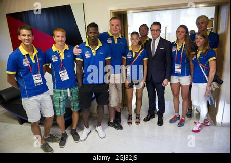 MOSKVA 2013-08-14 Prince Daniel is seen with Swedish athletes during a reception the Swedish Embassy in Moscow, Russia, August 14, 2013. Foto: Erik Martensson / SCANPIX / Kod 10400  Stock Photo