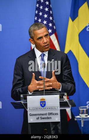  STOCKHOLM 20130904S US President Barack Obama during the press conference at the Government offices in Stockholm, Sweden, September 4, 2013. President Obama is in Sweden for bilateral talks prior to a G20 summit in Russia. Foto Jonas Ekstromer / SCANPIX kod 10030 