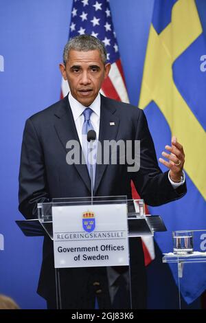  STOCKHOLM 20130904 US President Barack Obama during the press conference at the Government offices in Stockholm, Sweden, September 4, 2013. President Obama is in Sweden for bilateral talks prior to a G20 summit in Russia. Foto Jonas Ekstromer / SCANPIX kod 10030 