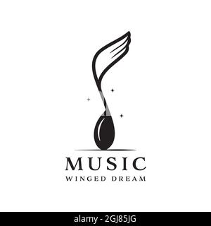 winged music notation logo isolated on white background. combination of musical notation and wings Stock Vector