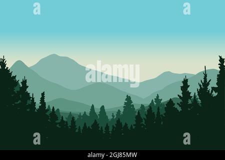 Silhouette pine forest landscape vector illustration in the mountains Stock Vector
