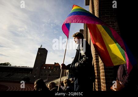 STOCKHOLM 2013-10-06 A crowd of people sing the Russian National Anthem, at the Stockholm Olympic Stadium on Oct. 06, 2013, while raising rainbow flags in solidarity with the Russian LGBT community. A project called 'Live and Let Love' will use footage from the event to be cut together with other singers and musicians from around the world to make a video film that will be shown on YouTube ahead of the Olympic games in Sochi. Foto: Erik Martensson / TT / Kod 10400  Stock Photo