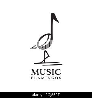 flamingo bird music logo isolated on white background. flamingo bird combination musical notation Stock Vector