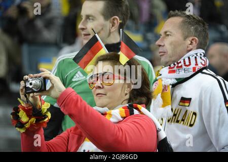 German fans on the stands ahead of the 2014 World Cup group C qualifying soccer match between Sweden and Germany at Friends Arena in Stockholm, Sweden, on Oct. 15, 2013. Photo: Janerik Henriksson / TT / code: 10010  Stock Photo