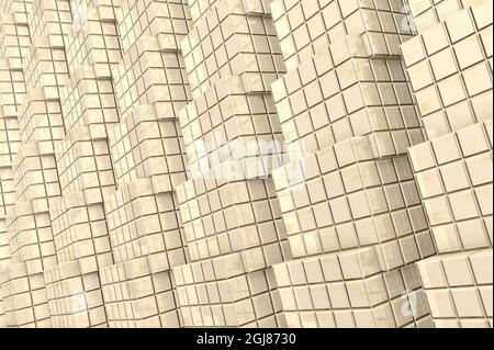 3D rendering of many cubes connected together and covered with a cage in beige Stock Photo