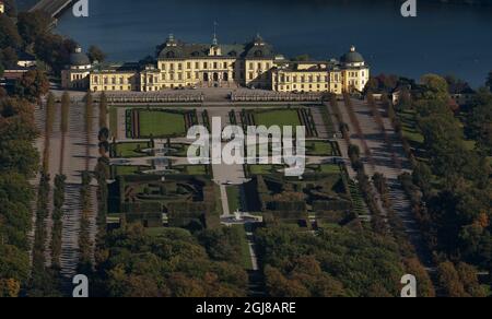 STOCKHOLM 20111003 Aerial photo of the Drottningholm Palace in Ekero, outside Stockholm. The Drottningholm Palace (Swedish: Drottningholms slott) since 1981 the private residence of the Swedish royal family. It is built on the island Lovon in Lake Malaren near Stockholm and is one of Sweden's Royal Palaces. The Royal Domain of Drottningholm is on the UNESCO World Heritage List. With its castle, perfectly preserved theatre (built in 1766), Chinese pavilion and gardens (which consists of a Baroque garden and an English park), it is the finest example of an 18th-century north European royal resi Stock Photo