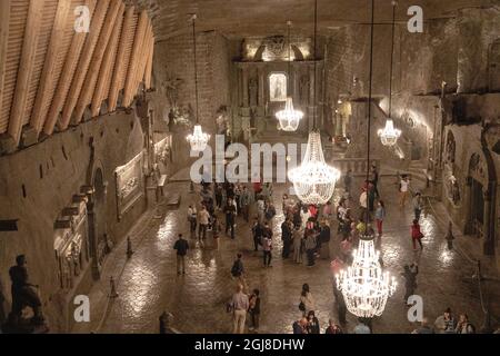 Chamber, deep in the Wieliczka Salt Mine is named after Hungarian Princess Kinga, considered the patron saint of salt miners in Poland. Stock Photo