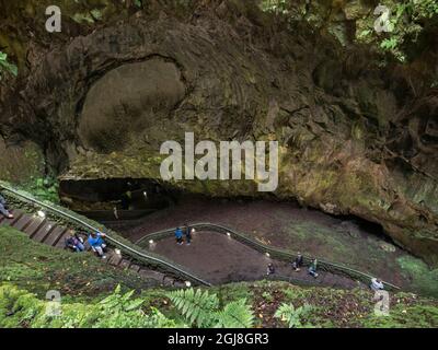 Algar do Carvao, a volcanic vent and landmark of the island. (Editorial Use Only) Stock Photo