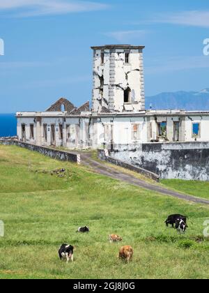 Farol da Ribeirinha, a lighthouse destroyed by an earthquake. Faial Island, an island in the Azores in the Atlantic Ocean. The Azores are an autonomou Stock Photo