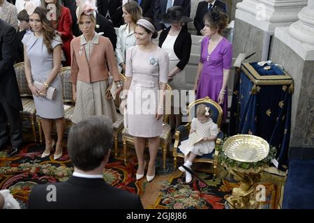 STOCKHOLM 20140608 From left Louise Gottlieb, Tatjana D'Abo and Crown Princess Victoria with Princess Estelle during the christening Ceremony for Princess Leonore in the Drottningholm Royal Palace Chapel near Stockholm, Sweden Jun 8, 2014. Princess Leonore is the daughter of Princess Madeleine of Sweden and Mr Christopher OÂ´Neill and the granddaughter of King Carl XVI Gustaf of Sweden. The Drottningholm Palace is the residence of King Carl Gustaf and Queen Silvia. Foto Bertil Ericson / TT / kod 10000  Stock Photo