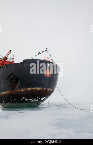 Russia, High Arctic, Geographic North Pole. 90 degrees north with 50 Years of Victory Russian icebreaker. Stock Photo