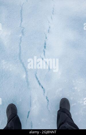 Russia, High Arctic, Geographic North Pole, 90 degrees north. Detail of feet standing on thick multi-year ice at the North Pole. (MR) Stock Photo