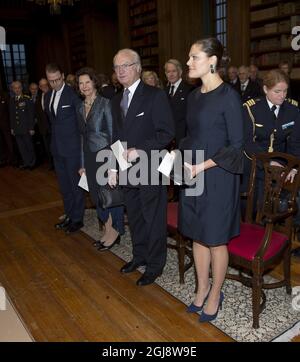 STOCKHOLM 20141110 : Prince Daniel, Queen Silvia, King Carl Gustaf and Crown Princess Victoria attend the Royal Swedish Academy of War Sciences' and the Royal Academy of Letters' seminar 'Sweden and 200 years of peace' at the Royal Palace in Stockholm November 10, 2014. Foto: Maja Suslin / TT / Kod 10300  Stock Photo