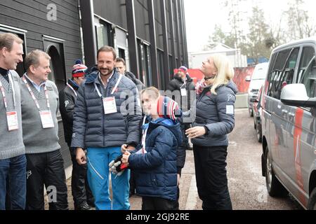 FALUN 2015-02-28 Norway's Crown Prince Haakon, Princess Ingrid Alexandra, Prince Sverre Magnus and Crown Princess Mette-Marit arrives to see the 30 km Ladies Mass Start during the World Nordic Ski Championships in Falun, Sweden, February 28, 2015. Photo: Fredrik Sandberg / TT / Kod 10080  Stock Photo