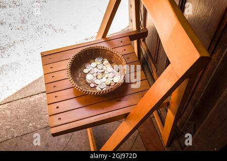 Spain, Canary Islands, Tenerife Island, Masca, Ermita de la Immaculada Concepcion church, basket for church donations Stock Photo