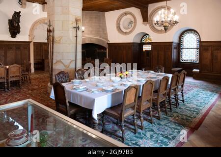 Ancient interior of the Banquet Hall (Knight hall or Rittersaal) with a powerful central pillar at Bentheim Castle in Bad Bentheim, Germany Stock Photo