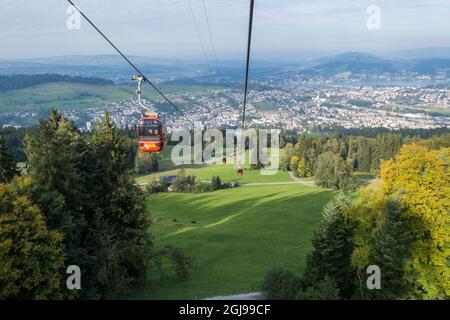 Gondola ride up Mt. Pilatus in Lucerne, Switzerland. Stock Photo