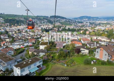 Gondola ride up Mt. Pilatus in Lucerne, Switzerland. Stock Photo