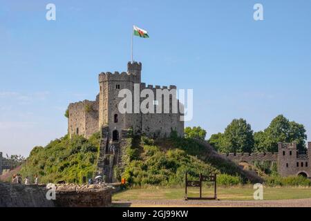 Norman shell keep on the grounds of Cardiff Castle, Wales, built in the 12th century by Robert of Gloucester. Stock Photo