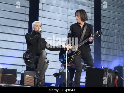 KALMAR 20150718 Marie Fredriksson and Per Gessle of Swedish duo Roxette perform at Fredriksskans in Kalmar this Saturday evening. This is the bands first show in Sweden for several years. Foto: Sven Lindwall / EXP / TT / Kod: 7117 ** OUT AFTONBLADET **  Stock Photo