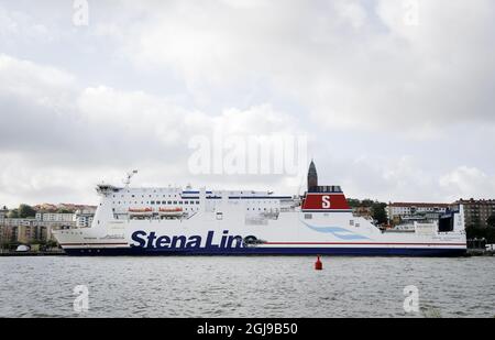 GOTHENBURG 2015-07-19 A hole is seen on the side of Stena Line passenger ferry Stena Jutlandica in the harbour of Gothenburg, Sweden, on July 19, 2015. The ferry collided early Sunday morning with a tanker off the island of Vinga outside Gothenburg. The ferry was taking in water but managed to reach the harbour without any assistance. The tanker was carrying 12,000 tons of diesel and petrol but there are no reports of any oil leakage. The cause of the accident is being investigated. Photo: Adam Ihse / TT / code 9200  Stock Photo