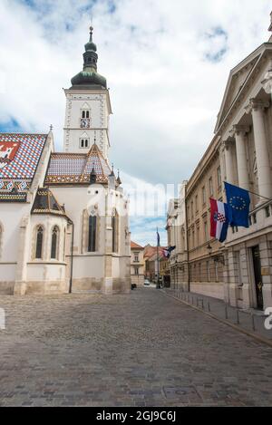 Croatia, Zagreb. St. Mary Church, Parliament bldg. St. Mary Square. Nobody. Stock Photo