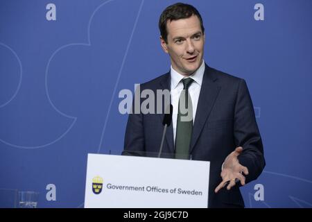 Britain's Chancellor of the Exchequer George Osborne gestures during a news conference at the Swedish government headquarters Rosenbad in Stockholm, Sweden, on Aug. 24, 2015. Osborne on Monday met his Swedish counterpart Magdalena Andersson. Poto: Bertil Ericson / TT / code 10000  Stock Photo