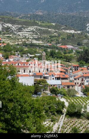 Cyprus, the quaint mountain village of Omodos (aka Omodos) located in the Troodos Mountains. Scenic countryside view of Omodos. Stock Photo