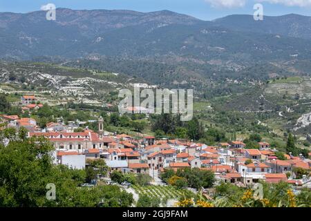 Cyprus, the quaint mountain village of Omodos (aka Omodos) located in the Troodos Mountains. Scenic countryside view of Omodos. Stock Photo