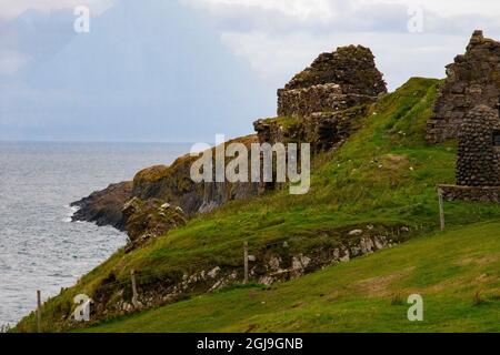 Located on the north coast of Trotternish near the hamlet of Duntulum in northern Skye is Duntulum Castle in ruins. Stock Photo