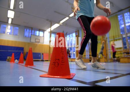 STOCKHOLM 2015-11-25 School gymnastics,ball, cones Foto: Anders Wiklund / TT / kod 10040 school, student children, health, sports  Stock Photo