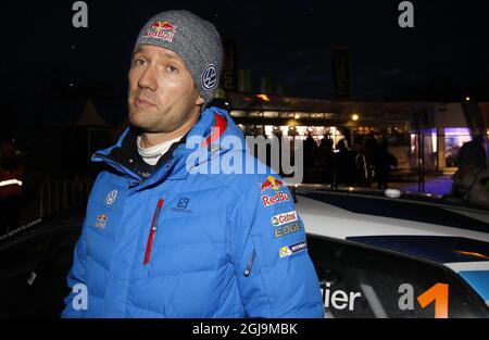 KARLSTAD 2016-02-12 Sebastien Ogier, France, VW Polo WRC in Karlstad, Sweden, during Rally Sweden 2016 February 12, 2016. Photo: Micke Fransson / TT / ** SWEDEN OUT ** Stock Photo