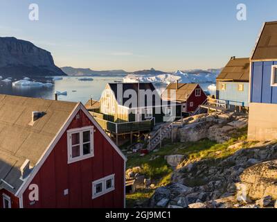 View of fjord full of icebergs towards Nuussuaq peninsula during midnight sun. Greenland. (Editorial Use Only) Stock Photo