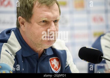 Czech national soccer team coach Pavel Vrba listens during a press conference at Friends Arena in Stockholm, Sweden, on March 28, 2016, on the eve of a friendly soccer match against Sweden. Photo: Fredrik Sandberg / TT / code 10080 Stock Photo