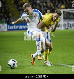 Czech Republic's Ladislav Krejci, left, fights for the ball with Sweden's Emil Salomonsson during the friendly international soccer match between Sweden and Czech Republic at Friends Arena in Stockholm, Sweden, on March 29, 2016. Photo: Janerik Henriksson / TT / code 10010  Stock Photo