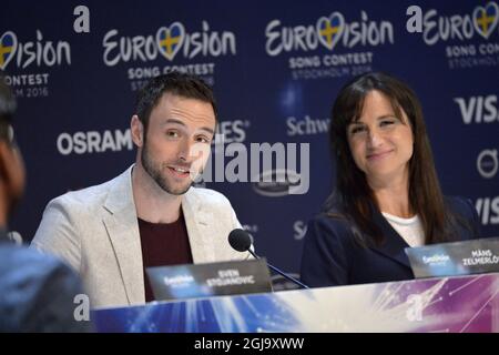 STOCKHOLM 2016-05-08 The presenters Mans Zelmerlow and Petra Mede answer questions from the media during the Eurovision Song Contest presser at the Ericsson Globe in Stockholm, Sweden, May 8, 2016. The Eurovision Song Contest 2016 starts with the first semifinal Tuesday. Photo: Jonas EkstrÃƒÂ¶mer / TT / ** SWEDEN OUT ** Stock Photo