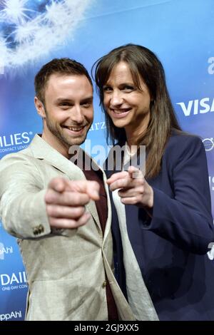 STOCKHOLM 2016-05-08 The presenters Mans Zelmerlow and Petra Mede pose for photos after the Eurovision Song Contest presser at the Ericsson Globe in Stockholm, Sweden, May 8, 2016. The Eurovision Song Contest 2016 starts with the first semifinal Tuesday. Photo: Jonas EkstrÃƒÂ¶mer / TT / ** SWEDEN OUT ** Stock Photo