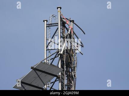 BORAS 20160516 The broken top of the still standing part of the 332 meters high telecom mast outside Boras in western Sweden is seen in a photo taken May 17, 2016. The top 200-metres of the mast collapsed Sunday when one of the masts wire attachment points was sabotaged. Photo: Adam Ihse / TT ** SWEDEN OUT **  Stock Photo