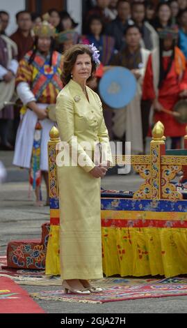 THIMPU 20160608 Queen Silvia of Sweden during the welcome ceremony in BhutanÂ’s political and religious centre Tashichho Dzongat in Thimpu, Bhutan June 8, 2016. The Swedish Royals are on a three days long State visit to Bhutan Foto Jonas Ekstromer / TT / kod 10030  Stock Photo