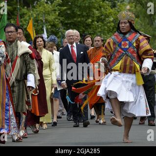 THIMPU 20160608 King Carl Gustaf and Queen Silvia of Sweden are seen during during the welcome ceremony in BhutanÃ¢Â€Â™s political and religious centre Tashichho Dzongat in Thimpu, Bhutan June 8, 2016. The Swedish Royals are on a three days long State visit to Bhutan Foto Jonas Ekstromer / TT / kod 10030  Stock Photo