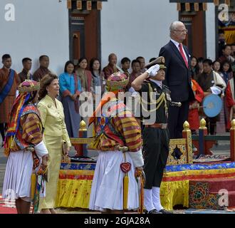 THIMPU 20160608 King Carl Gustaf and Queen Silvia of Sweden are seen during during the welcome ceremony in BhutanÃ¢Â€Â™s political and religious centre Tashichho Dzongat in Thimpu, Bhutan June 8, 2016. The Swedish Royals are on a three days long State visit to Bhutan Foto Jonas Ekstromer / TT / kod 10030  Stock Photo