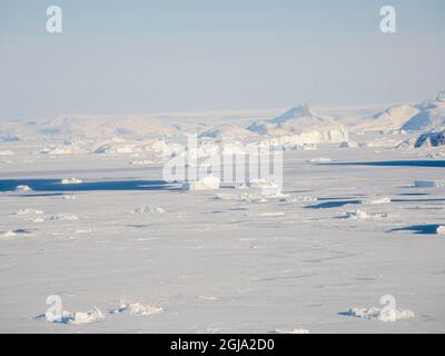 Sea ice with icebergs in the Baffin Bay, between Kullorsuaq and Upernavik in the far north of Greenland during winter. Stock Photo