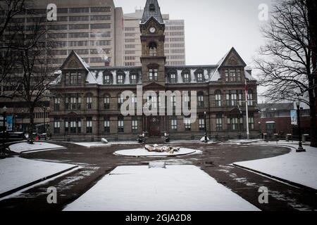 Halifax City Hall in the middle of winter covered in snow on a cold in march day Stock Photo