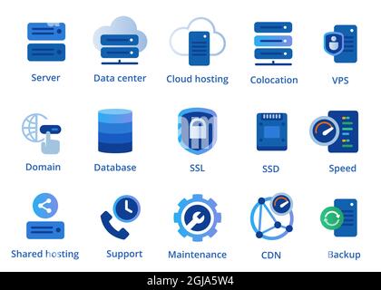 web hosting service icon set from colocation server VPN shared to CDN and SSL Stock Vector