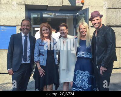 STOCKHOLM 2016-09-15 British Royal, Duchess of York, Sarah Ferguson, is seen during her visit to a IT-gymnasium in Gothenburg, Sweden , September 15, 2016. The Duchess visited the school to great the students for their work on the Ã¢Â€ÂœPerfect World Foundation, to save the worldÃ‚Â´s elephants. At right Swedish singer and musician Martin Stenmark Foto: Oskad Dahlgren / EXP / TT / kod 7000 ** OUT SWEDEN OUT ** Best quality available  Stock Photo