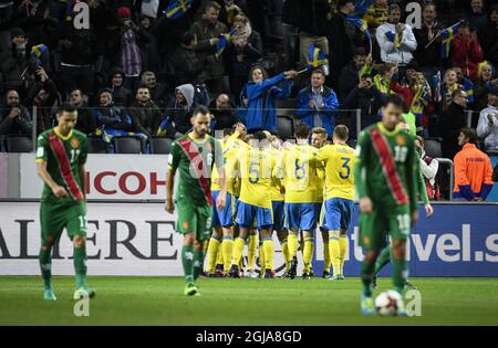 Swedeish players celebrate after their opening goal during the FIFA World Cup 2018 qualifier group A between Sweden and Bulgaria at Friends Arena in Stockholm Monday October 10, 2016. Photo Pontus Lundahl / TT / code 10050  Stock Photo